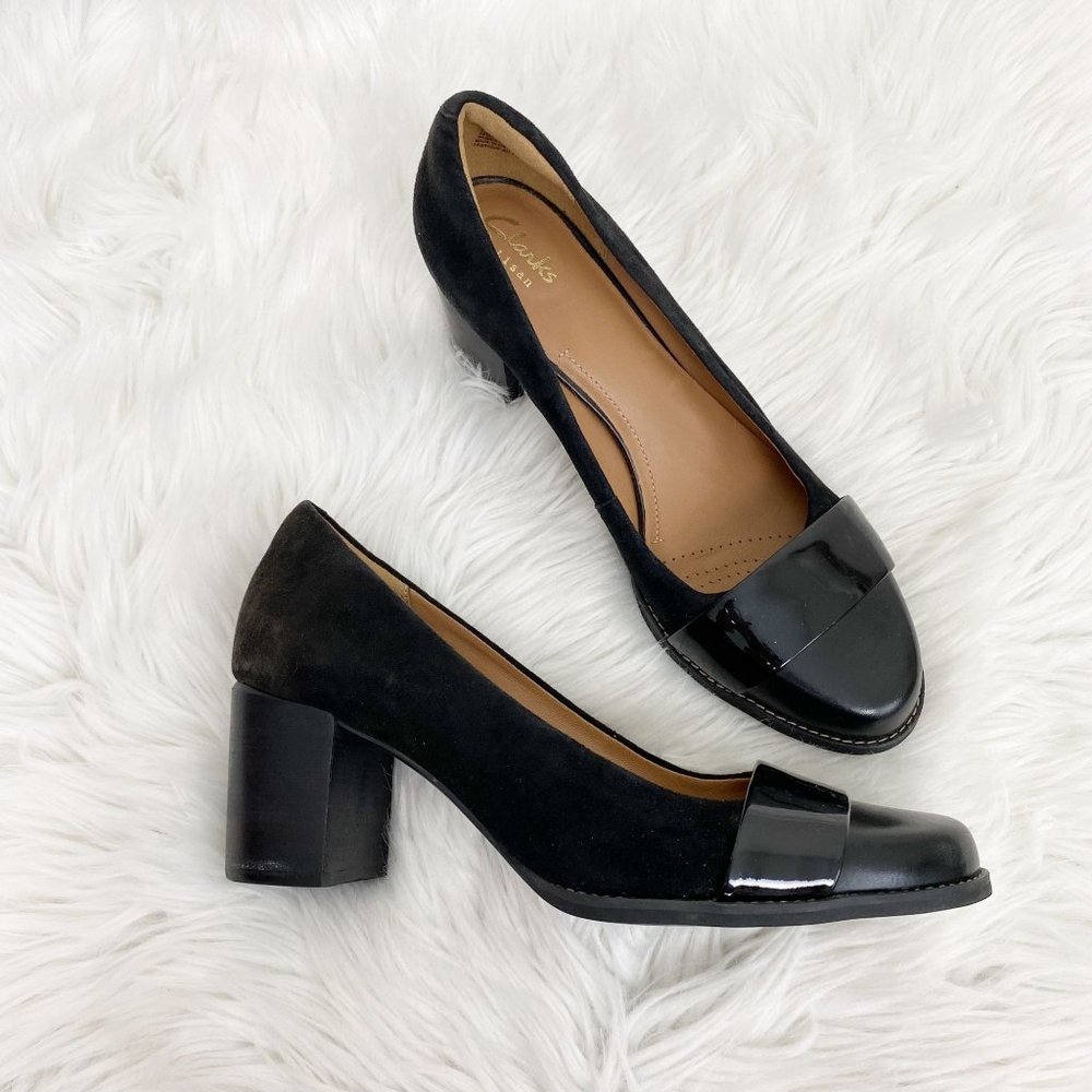 Clarks Artisan Black Suede Patent Leather Pumps